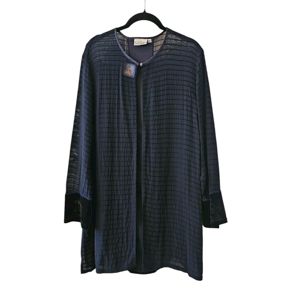 K.D. Spring Womens LG Navy Blue Kimono Top Sheer Velvet Art Detail